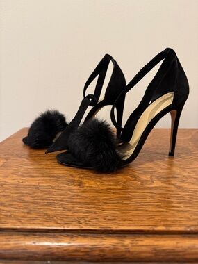 Alexander Birman Black Suede Heels with Tie and Fur